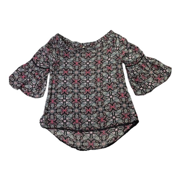 Solitaire Tops - Solitaire Blouse Womens Medium Black Pink Boho Bell Sleeve Rayon Floral Crochet